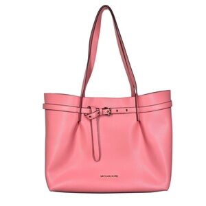 Michael Kors Emilia Large Pebbled Leather Tote Bag Grapefruit Pink Buckle Accent